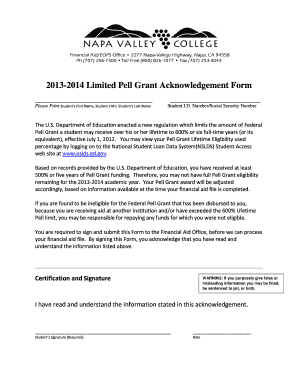 2013-2014 Limited Pell Grant Acknowledgement Form