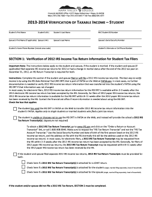 2013-2014 Student Taxable Income Verification Form