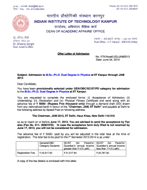 letter of offer to the 2013 candidates online form