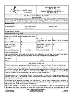 Hall Hire Agreement Form - Casual Hire