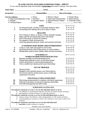 Placer County Adult Outcomes Screening Form