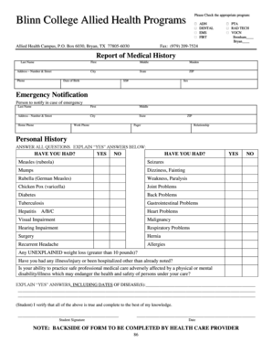 Blinn College Allied Health Medical History Form