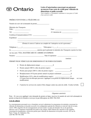 Lettre d’autorisation concernant un paiement au moyen d’une carte de crédit pour véhicules de dimensions et poids excessifs