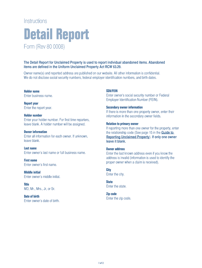 Fillable Online dor wa Unclaimed property Reporting booklet 2011