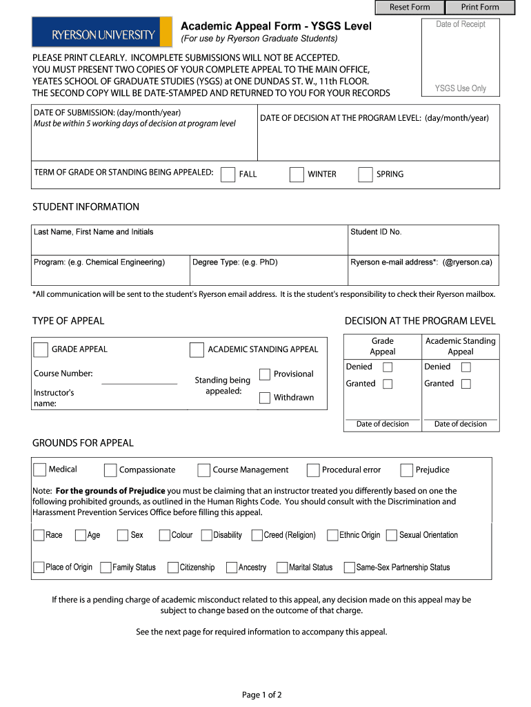 Fillable Online ryerson Academic Appeal Form YSGS level Ryerson