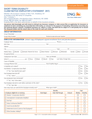 Short Term Disability Claim Notice Employer’s Statement