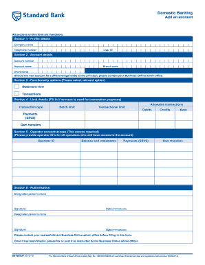 Standard Bank South Africa Account Addition Form