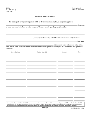 USDA Form RD 1924-10 Release by Claimants