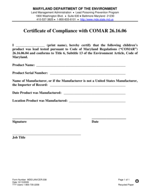Maryland Lead Testing Compliance Certificate