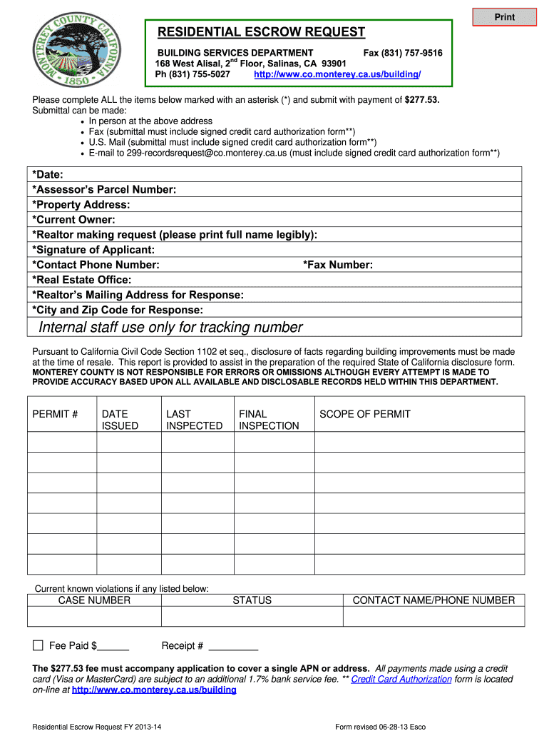 monterey residential escrow report form Preview on Page 1.