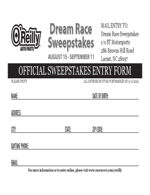 Dream Race Sweepstakes Entry Form