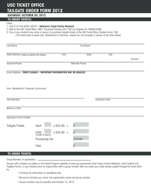 USC Tailgate Order Form