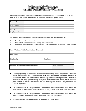 Ohio Employee Medical Statement for Child Care