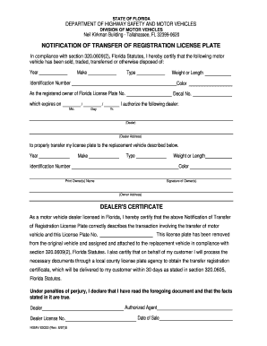 Florida Notification of Transfer of Registration License Plate