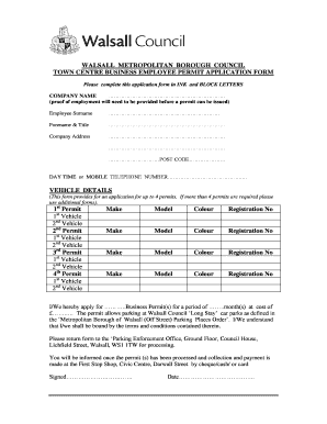 Walsall Town Centre Business Employee Permit Application