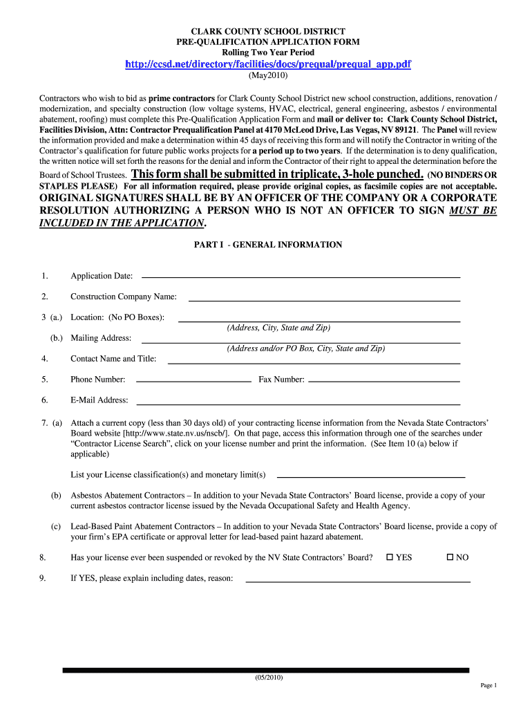 Pre-Qualification Application - Clark County School District Preview on Page 1.