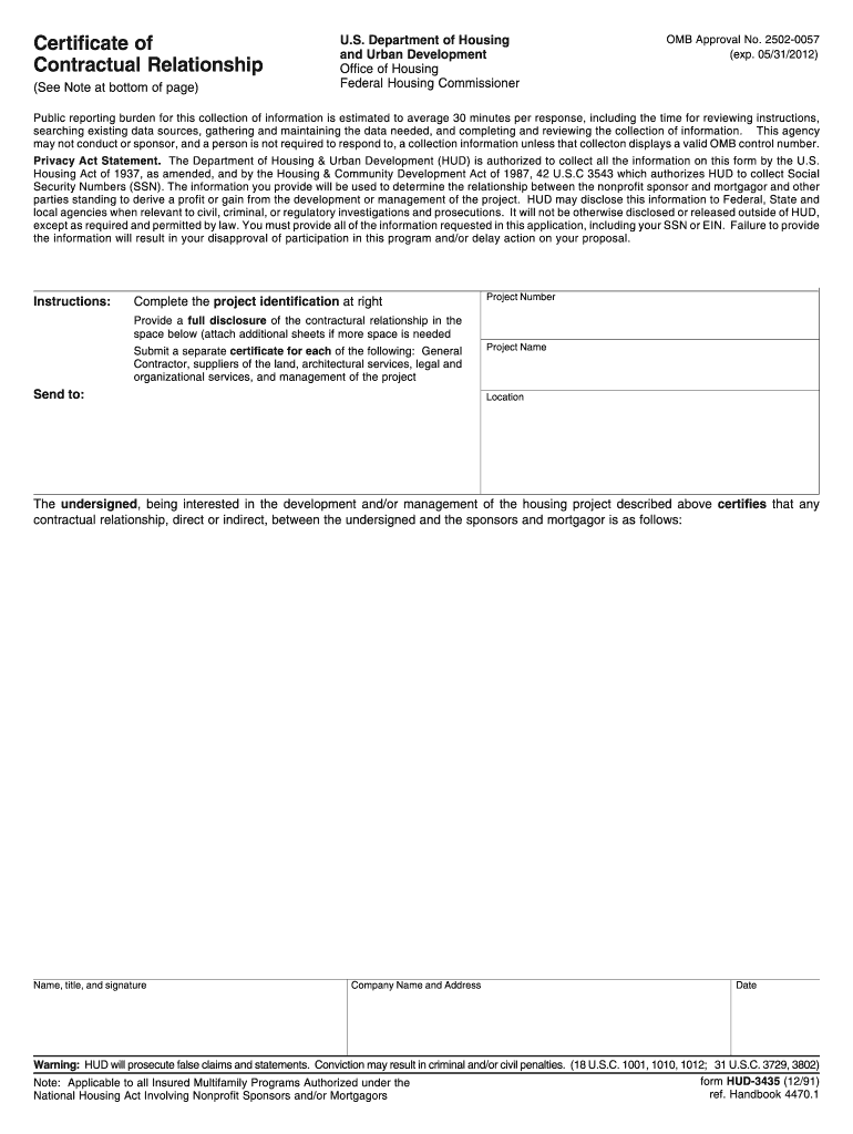 Fillable Online portal hud BCertificateb of Contractual Relationship ...