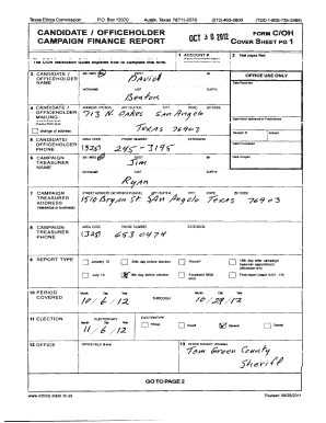 Texas Campaign Finance Report Cover Sheet