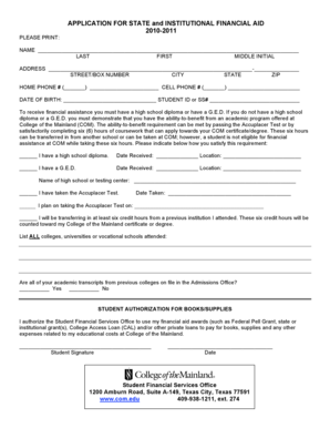 Application for State and Institutional Financial Aid