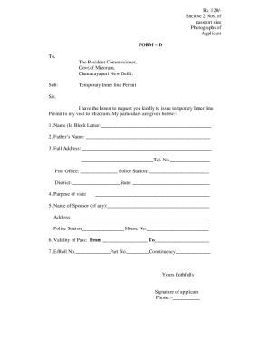 Temporary Inner Line Permit Form D