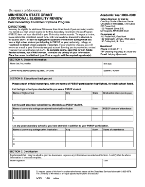 Minnesota State Grant Additional Eligibility Review Form