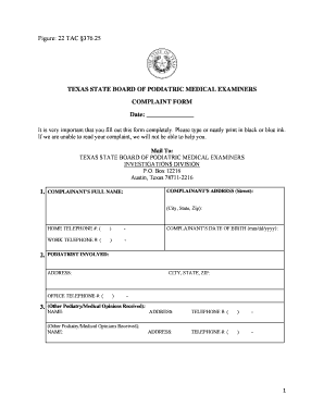Texas Podiatric Complaint Form