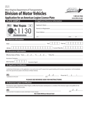 West Virginia American Legion License Plate Application