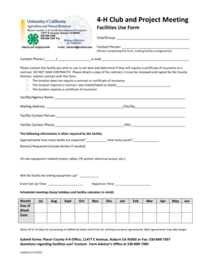 Fillable Online 4-H Club and Project Meeting Facilities Use Form Fax ...