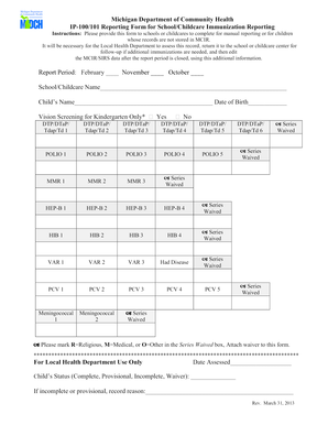 Michigan School/Childcare Immunization Reporting Form