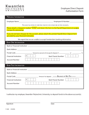 How to write a td bank check - Employee Direct Deposit Authorization Form - Kwantlen Polytechnic ...