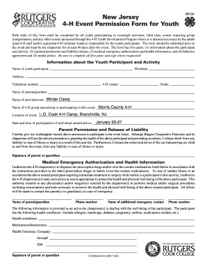 New Jersey 4-H Event Permission Form for Youth 4H104 Both sides of this form must be completed by all youth participating in overnight activities, field trips, events requiring group transportation, and any other events sponsored through