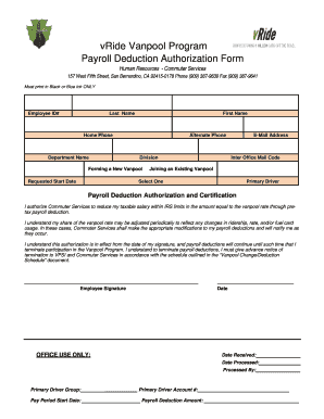 VRide Vanpool Program Payroll Deduction Authorization Form - cms sbcounty