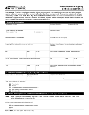 Prearbitration or Agency Settlement Worksheet - PS Forms - psforms lettercarriernetwork