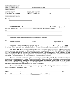 New York Small Claims Court Notice to Defendant