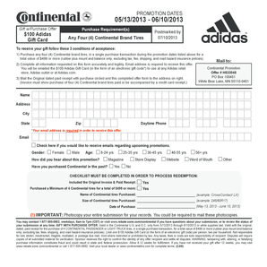 Continental Tires Adidas Gift Card Promotion Form