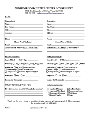 Neighborhood Justice Center Intake Sheet
