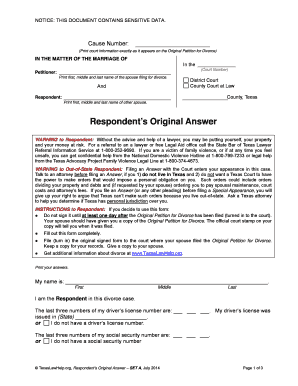 Texas Respondent’s Original Answer Divorce Form