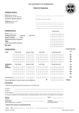 University of Edinburgh Expense Claim Form