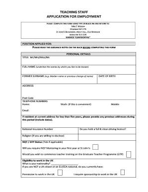 TEACHING STAFF APPLICATION FOR EMPLOYMENT