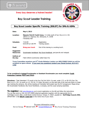 Boy Scout Leader Training Boy Scout Leader Specific Training (BSLST) for SMs &amp - timucua