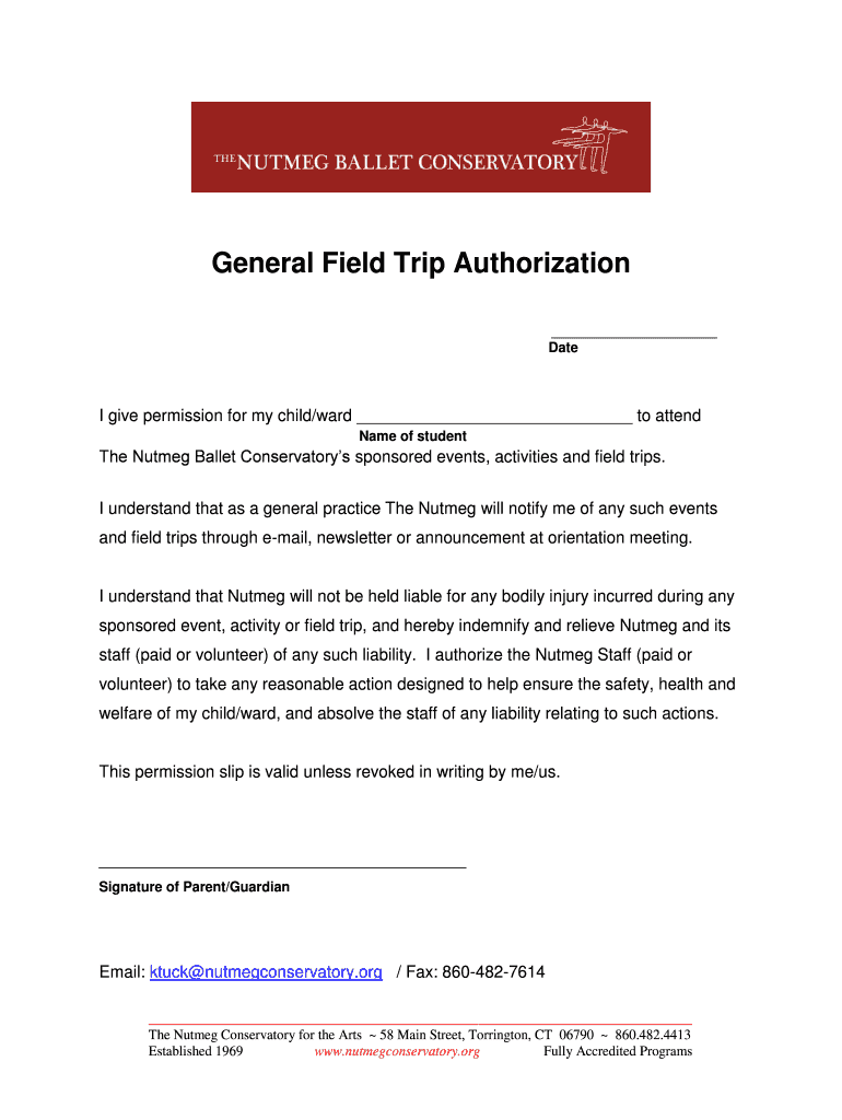 Fillable Online nutmegconservatory General Field Trip Authorization The Nutmeg Conservatory