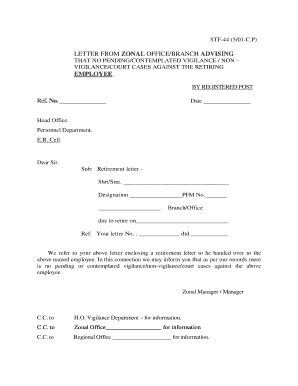 Retirement letter of intent - LETTER FROM ZONAL OFFICEBRANCH ADVISING EMPLOYEE