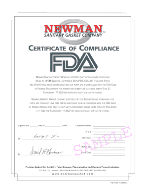 Agreement between manufacturer and marketing company in india - B&C FDAcert SAMPLE.qxd - Newman Sanitary Gasket Company