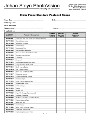 Order Form: Standard Postcard Range - Johan Steyn PhotoVision