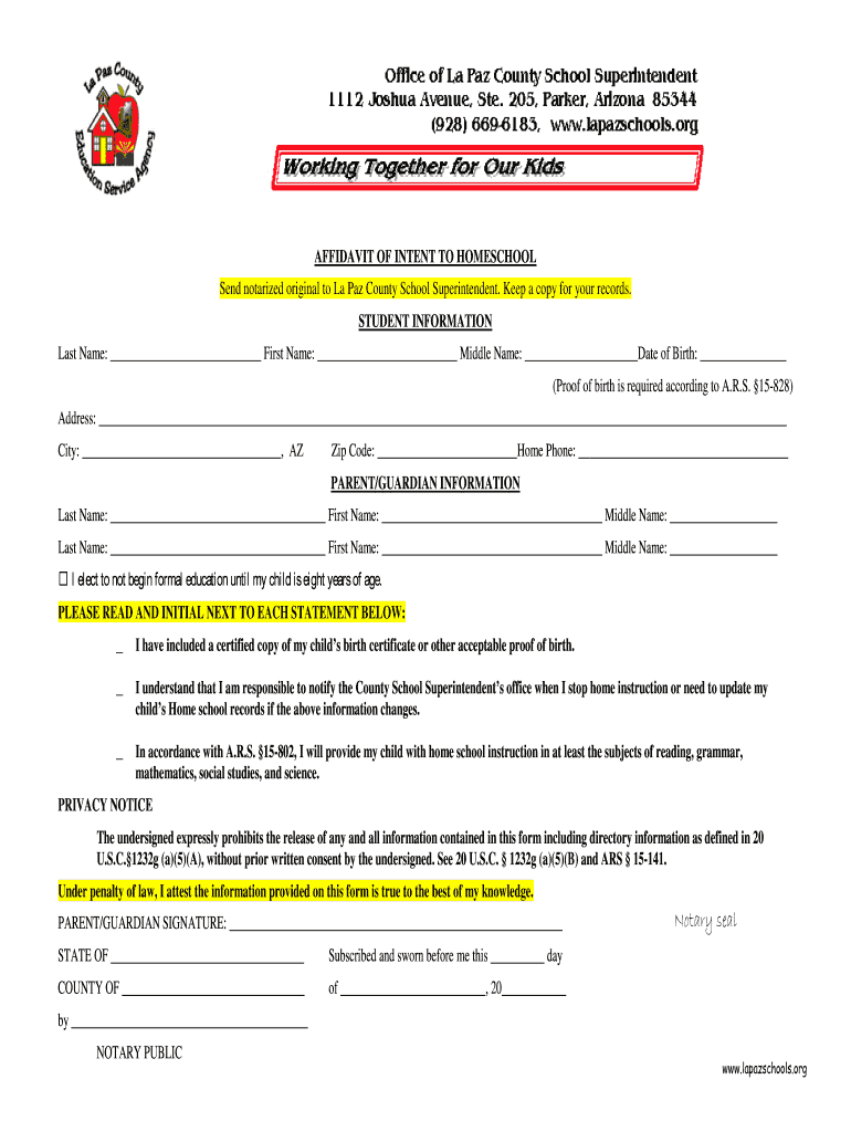 Fillable Online lapazschools AFFIDAVIT OF INTENT TO HOMESCHOOL STUDENT ...