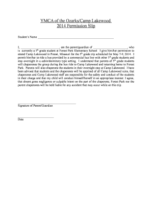 YMCA of the OzarksCamp Lakewood 2014 Permission Slip - parentsatthepark