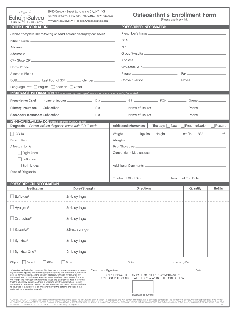 Fillable Online Osteoarthritis Enrollment Form Echo Salveo Fax Email