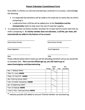 Snack list sign up sheet - Parent Volunteer Commitment Form - swimdoverorg