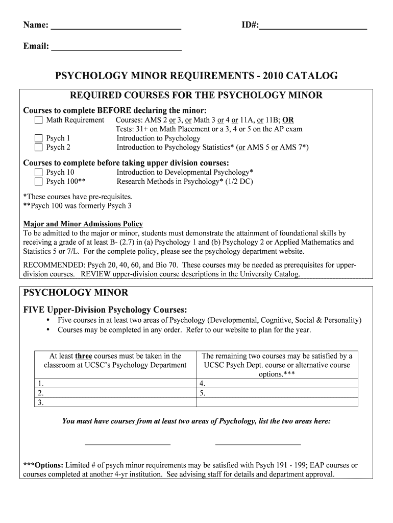 Fillable Online Psychology Minor Worksheet Psychology Department Fax