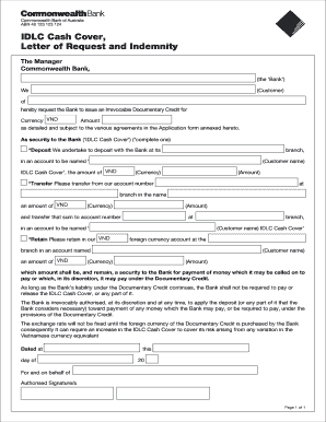 IDLC Cash Cover Letter of Request and Indemnity